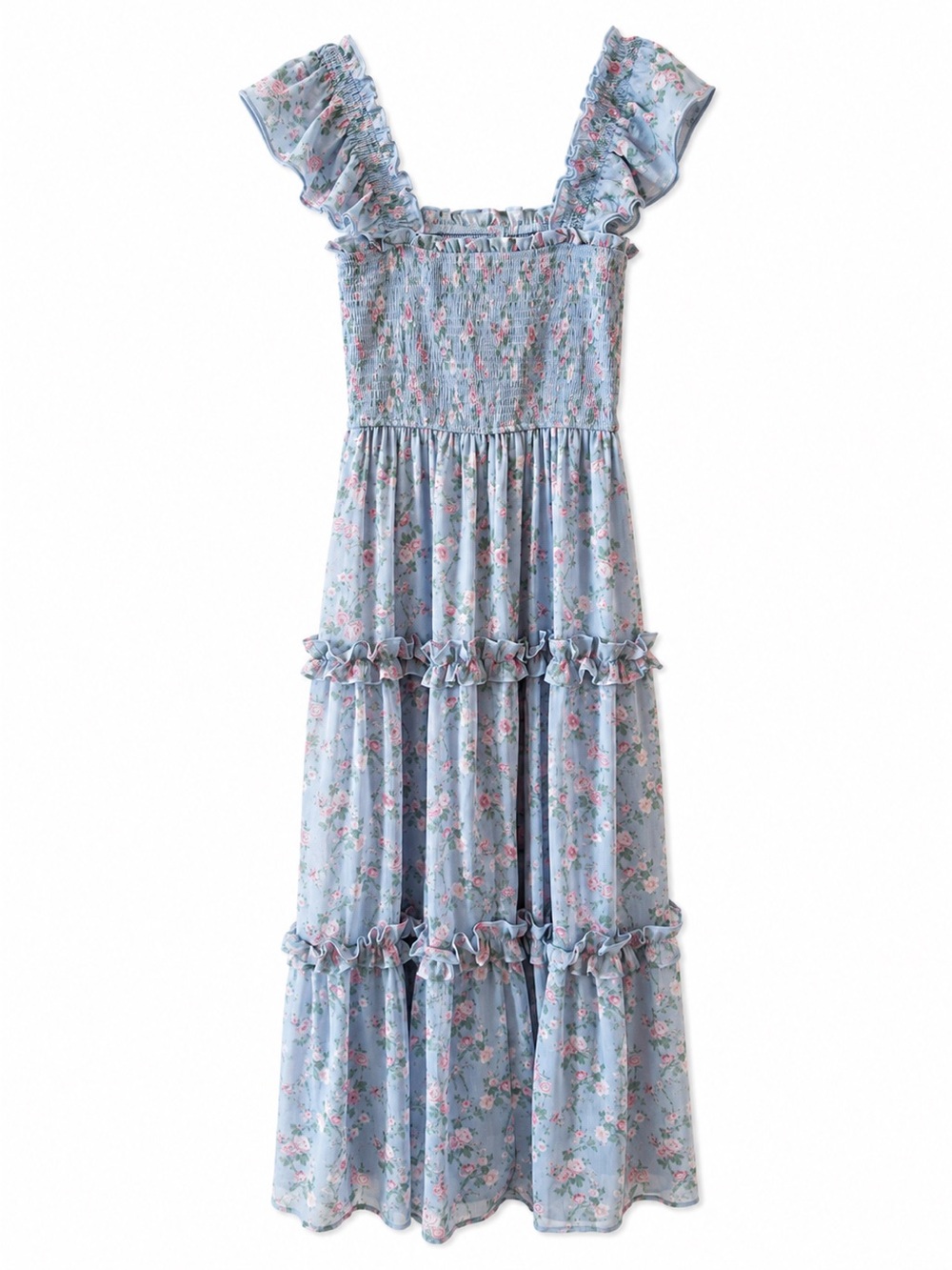 Altar’d State Blair Floral Smocked Ruffle Tiered Maxi Dress Blue S - Picture 2 of 3